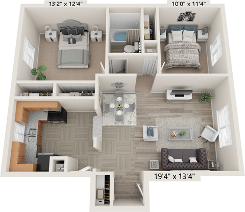 Floor plan for 2 beds, 1 bath, 865 sqft